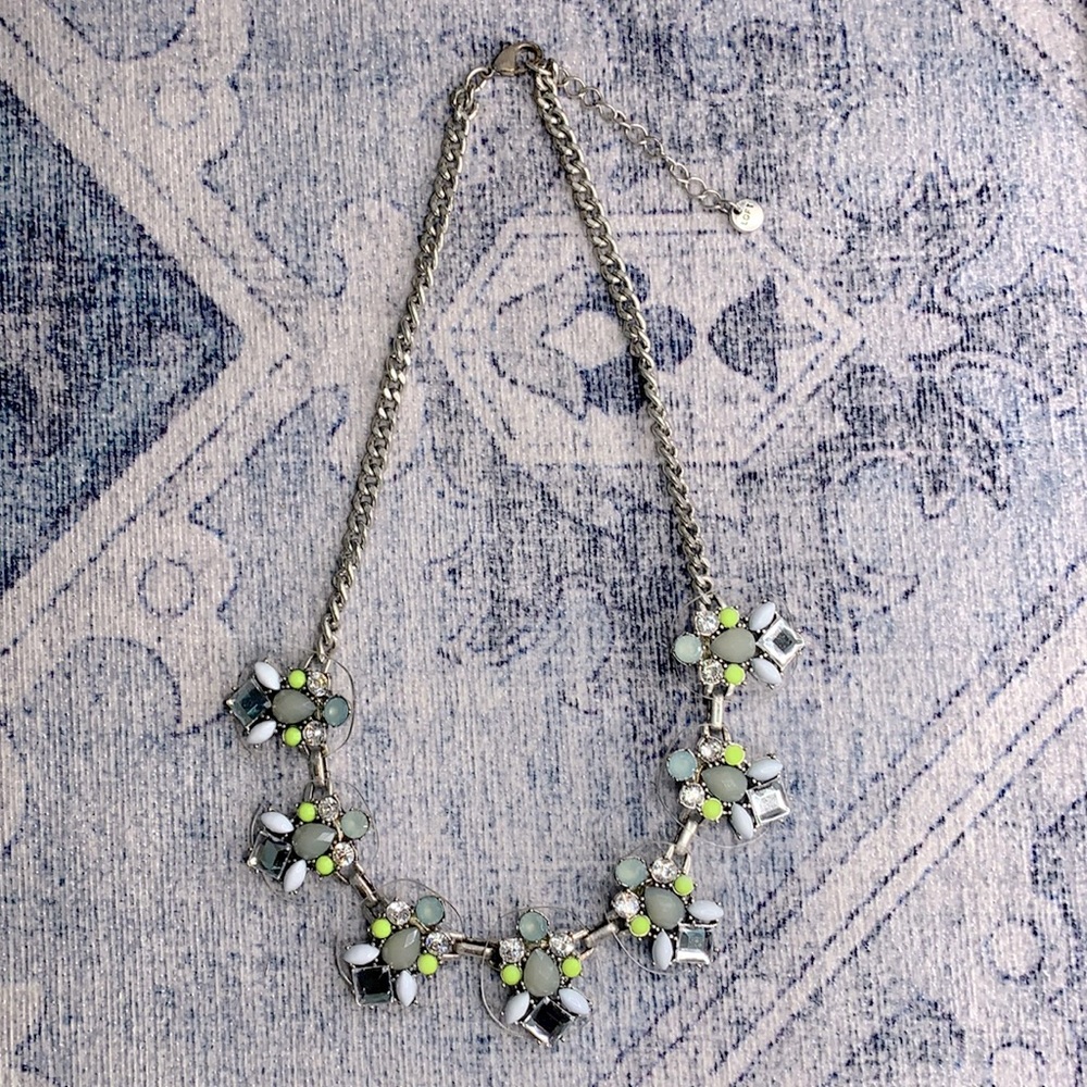 LOFT Lucite w/ Sky Blue, Neon Green, & Clear Crystals Silver Statement Necklace